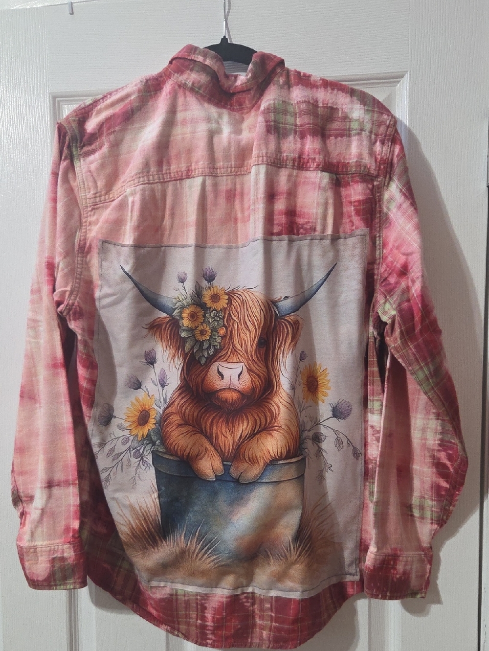 George Pink/Red Plaid Button-Down Shirt with Highland Cow Back Graphic. Altered